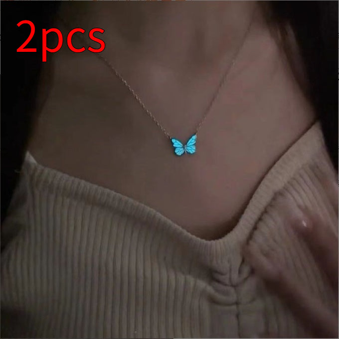 Fashion Blue Luminous Butterfly Necklace Bracelet Set For Glow In The Dark Women Clavicle Chain Choker Party Jewelry Set Gift