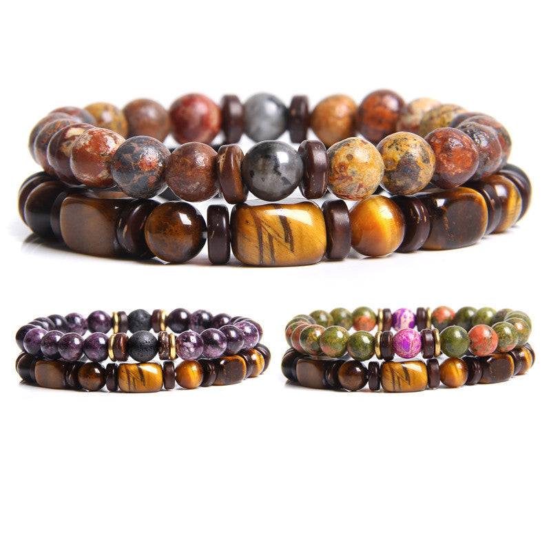 Natural Stone Men's Tiger's Eye Bead Double Layer Combination Bracelet