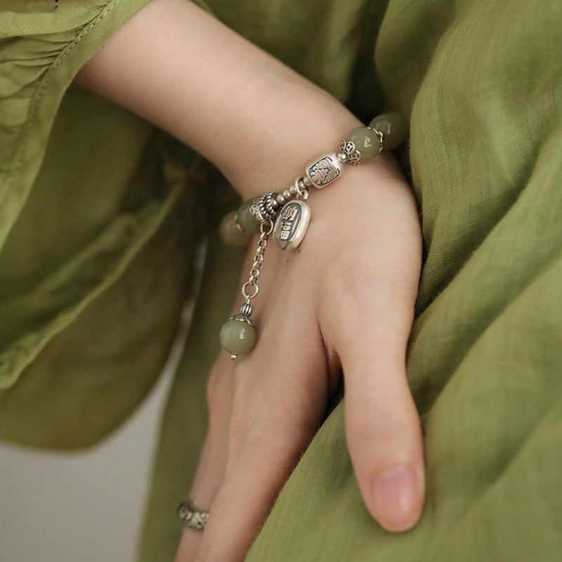925 Silver Sunflower Seeds Pearl Blessing Bracelet Female Hetian Jade Round Beads