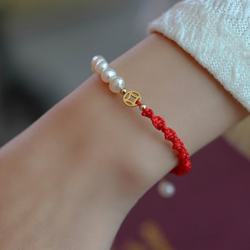 Brand Pearl Red Braided Rope Bracelet Limited 14K Gold